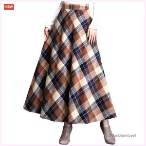 Wool Plaid Skirt Elastic Waist A-Line Pleated Long Winter Warm